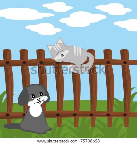 cat on fence and dog
