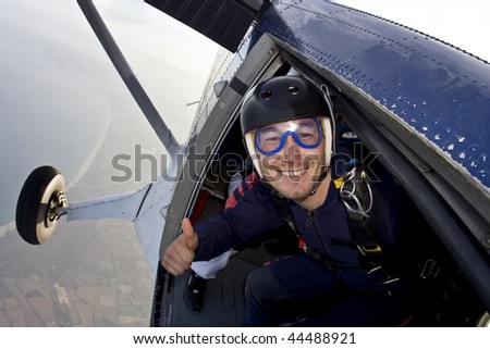 A Skydiver in the door of the aircraft and ready to exit at 13,000ft