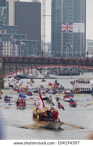 LONDON, UK - JUNE 03: 1000 Ships and boats travel along the River Thames In celebration of the Queens Diamond Jubilee on the June 03, 2012 in London, UK