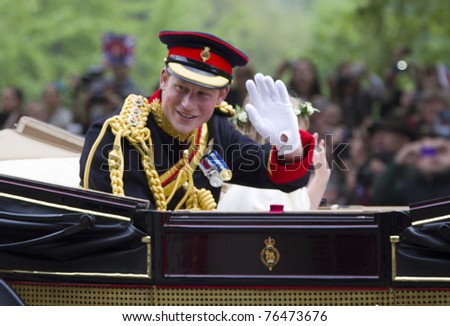 LONDON, UK - APRIL 29: Prince Harry rides in a carriage on his way to Buckingham Palace after the Royal Wedding of his brother Prince William to Catherine Middleton on the April 29 in London, UK