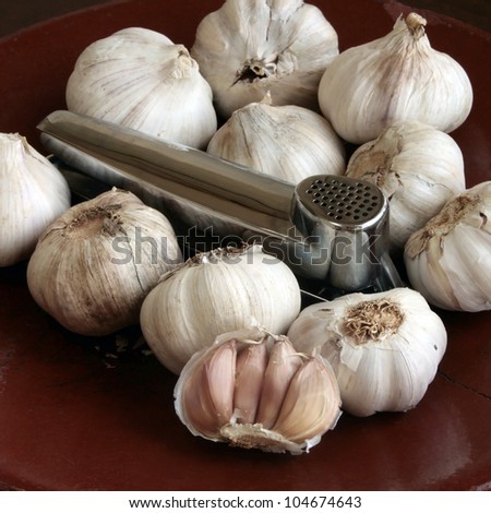 Garlic and garlic press isolated on old ceramic plate