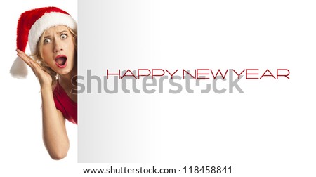 Young happy smile woman wear Santa Clause costume hold blank board, attractive christmas new year , isolated over white background