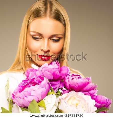 Pretty shy girl got a present flowers