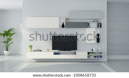 TV cabinet interior modern roon design and Cozy Living style , Wood sideboard on white wall with  mable floor and gray carpet ,3d illustation