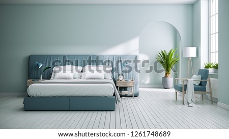 Scandinavia and vintage bedroom interior design,Green bedding with soft green blue walls on white floors ,3d rendering
