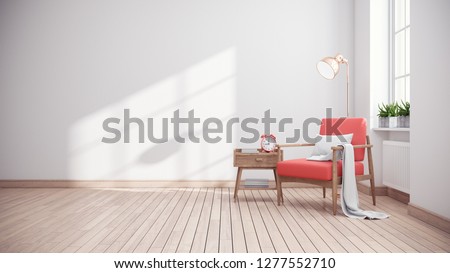 Modern mid century and minimalist interior of living room ,Living coral decor concept,vintage pink armchair with wood table in white room ,3d render