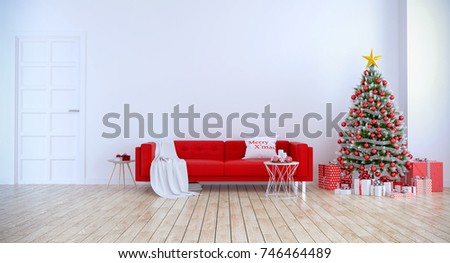 Christmas tree decorate on Modern living room ,red sofa  on white wall and wood floor ,at home for the holidays,3d rendering