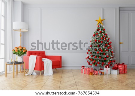 Christmas tree decorate on Modern living room ,red sofa  on white wall and wood floor ,at home for the holidays,3d rendering