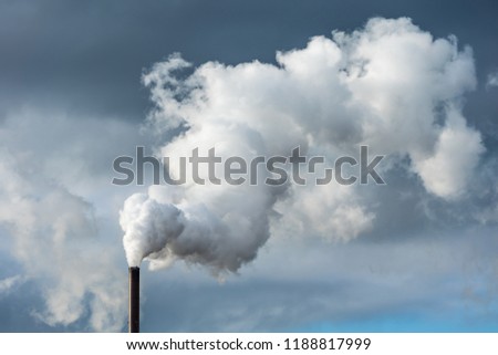 Pollution from an industry chimney blowing a large white and gray cloud of smoke up in the sky