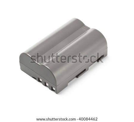 grey lithium-ion battery for dslr camera isolated on white