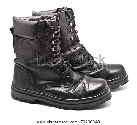black leather army boots isolated on white