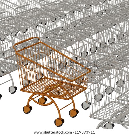 One gold shopping cart and many of silvery shopping carts