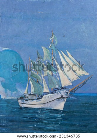 Drawing of boat is under sail, fragment of painting