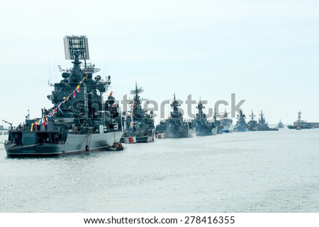 SEVASTOPOL, CRIMEA - MAY 9: Parade of the Russian warships celebrating Victory Day on May 9th, 2014. Russian Navy fleet in the Sevastopol Bay, Crimea