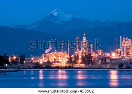 Night-time plant by Anacortes, Washington with a view of Mt. Baker