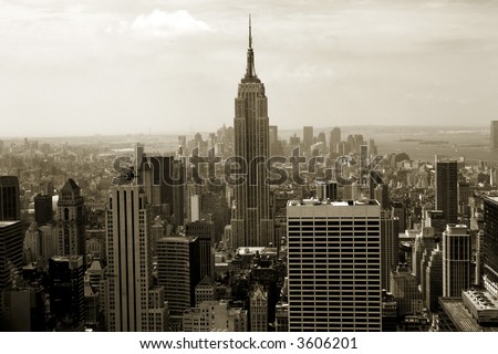 Sepia-colored view of midtown and downtown Manhattan from above