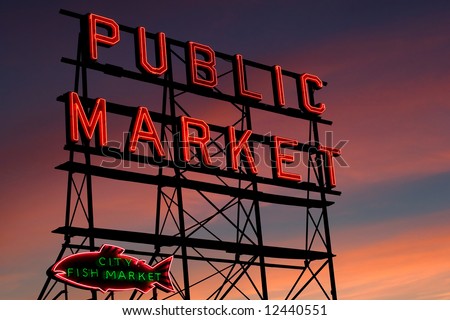 Pike Place Market neon sign at sunset, Seattle, Washington
