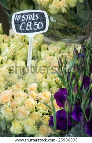 Roses at flower stalls in Amsterdam Flower market