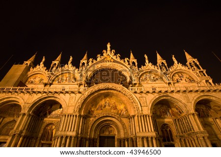 Basilica di San Marco illuminated at night on Piazza San Marco