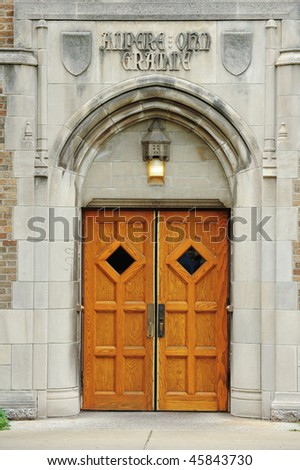 Door to administration building of University of Notre Dame, Indiana
