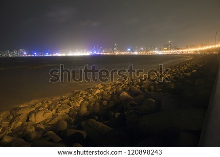 Night view of Marine Drive and skyline in Mumbai, India