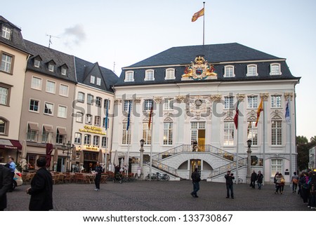 BONN, GERMANY - SEPTEMBER 24: The Old City Hall on the Market Square on September 24, 2012 in Bonn, Germany. Bonn is former capital of Germany with population of 330,000.