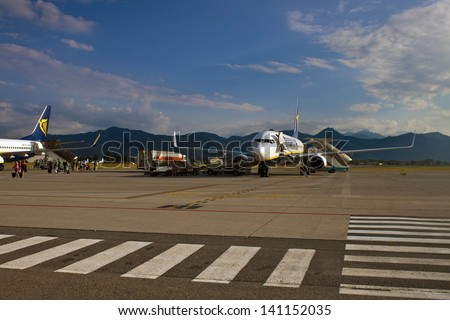 BERGAMO, ITALY - JULY 19: Boeings 737 of Ryanair on July 19, 2010 at Bergamo Airport, Italy. Ryanair is currently the biggest airline in the world by number of int\'l passengers yearly.