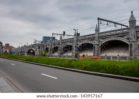 ANTWERP - MAY 18: Ramparts along the train line to Central station on May 18, 2013 in Antwerp, Belgium.In 2009 American magazine Newsweek judged Antwerp-Central the world\'s 4th greatest train station.