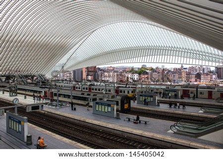 LIEGE, BELGIUM - MAY 13: Futuristic Liege-Guillemins railway station on May 13, 2013 in Belgium. Station is made of steel, glass and white concrete by Spanish architect Santiago Calatrava.