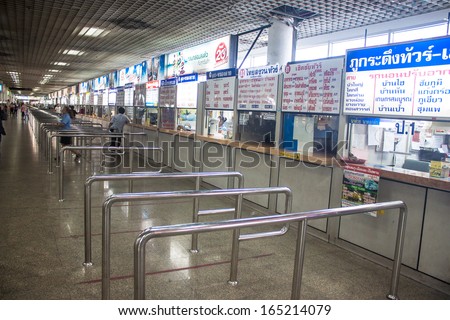 BANGKOK, THAILAND - SEPTEMBER 16: Ticket counters at Mo Chit bus station on September 16, 2013 in Bangkok, Thailand. Mo Chit bus station is also called Northern and Northeastern Bus Terminal.