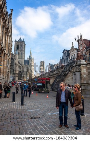 GENT, BELGIUM - MAY 19: Tourists in city center of Gent, Belgium on May 19, 2013. Ghent is a city and a municipality located in the Flemish region of Belgium.