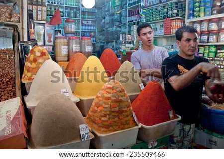 MEKNES, MOROCCO - JUL 28: Spices stall at a market on Jul 28, 2010 in Meknes, Morocco. Meknes is a 1000 years old imperial city in Morocco.