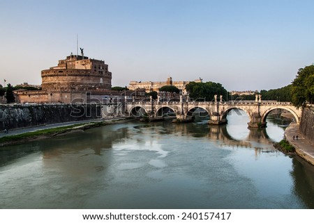 Angel bridge over Tiber river and Angel castle in Rome, Italy