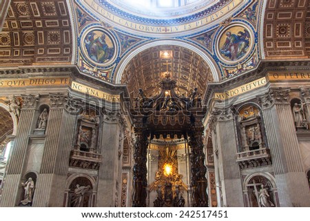 ROME, ITALY - JUNE 25: Interior of St. Peter\'s Basilica in Vatican on June 25, 2014. St. Peter\'s Basilica is one of the main tourist attractions of Rome.