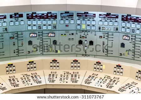 ITAIPU, BRAZIL/PARAGUAY - FEB 4, 2015: Command room of Itaipu dam on river Parana on the border of Brazil and Paraguay