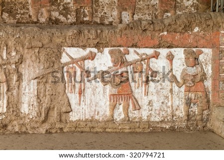 Detail of a decoration at archeological site Huaca del Sol y de la Luna (Temple of the Sun and the Moon) in Trujillo, Peru. Site was built in Moche period.