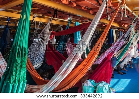 AMAZON, BRAZIL - JUNE 27, 2015: Hammock deck at the boat Anna Karoline II which plies river Amazon between Santarem and Manaus, Brazil.