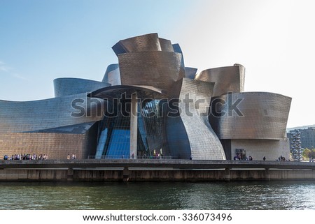 BILBAO, SPAIN - SEPTEMBER 27: Guggenheim Museum on September 27, 2014 in Bilbao, Spain. This picturesque and futuristic museum was designed by Frank Gehry.