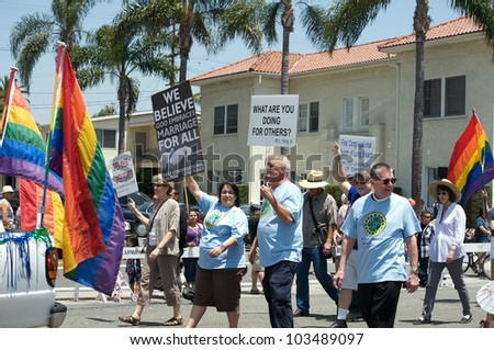 LONG BEACH - MAY 20: First Congregational Church of Long Beach members during the Long Beach Lesbian and Gay Pride Parade 2012 on May 20, 2012 in Long Beach, California.