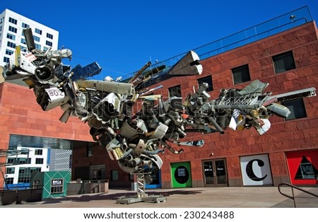 LOS ANGELES, CALIFORNIA - NOVEMBER 03, 2014: Nancy Rubin\'s Chas\' Stainless Steel sculpture, outside the Museum of Contemporary Art (MOCA). Made from used airplane parts with an expanse of 54 feet.