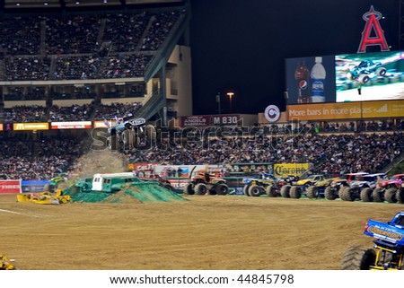 ANAHEIM, CA - JANUARY 16: Blue Thunder in action during the Monster Jam competition at Angel Stadium on January 16, 2010 in Anaheim, California.