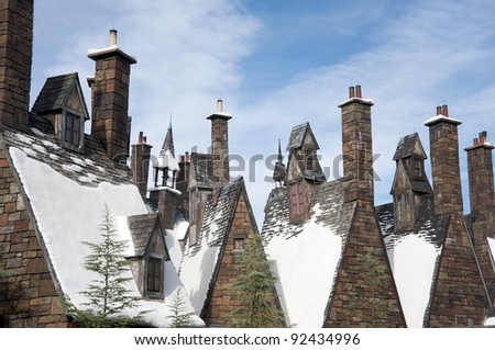 Scandinavian style roofs with snow during winter