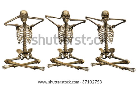 See No Evil Hear No Evil Speak No Evil Three Wise Skeletons sitting cross leg in lotus position make up the old adage. Illustration on clean white background