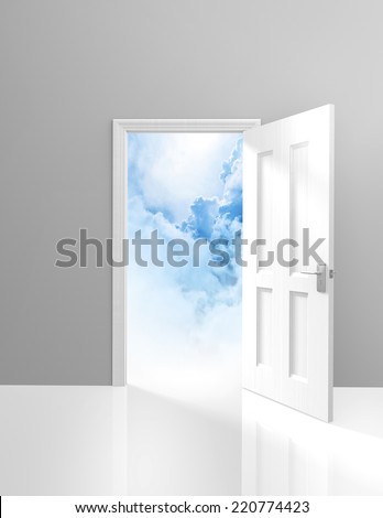 Door to heaven, spirituality and enlightenment concept of an open doorway to dreamy clouds