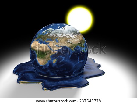 Global warming concept of Earth melting into a liquid pool under the heat of the sun, parts of this image furnished by NASA