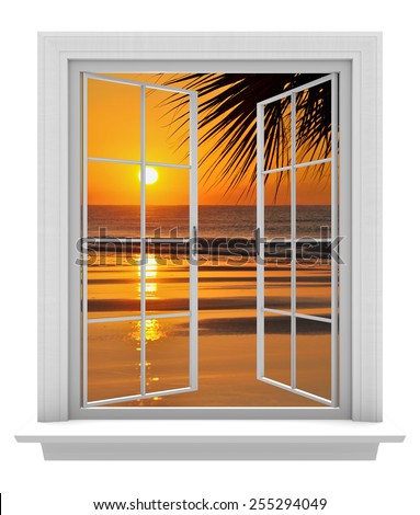 Open window with a tropical beach view and orange sunset