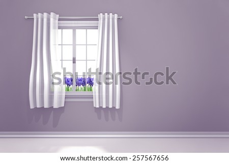 Lilac colored room interior with spring irises flowering in the window