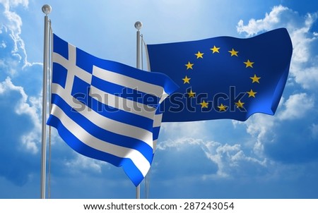 Greece and European Union flags flying together for diplomatic talks