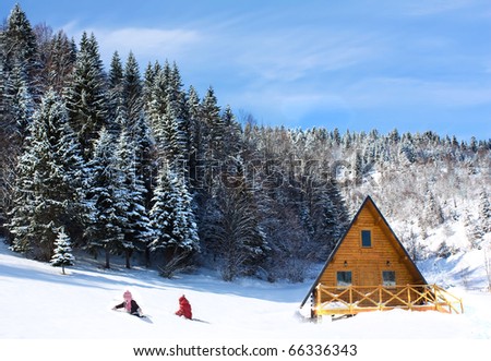 Winter cottage in forest