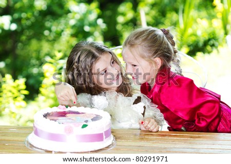  Girl Birthday Cakes on Two Little Girls Celebrating Birthday Outdoor   Birthday Cake   Stock